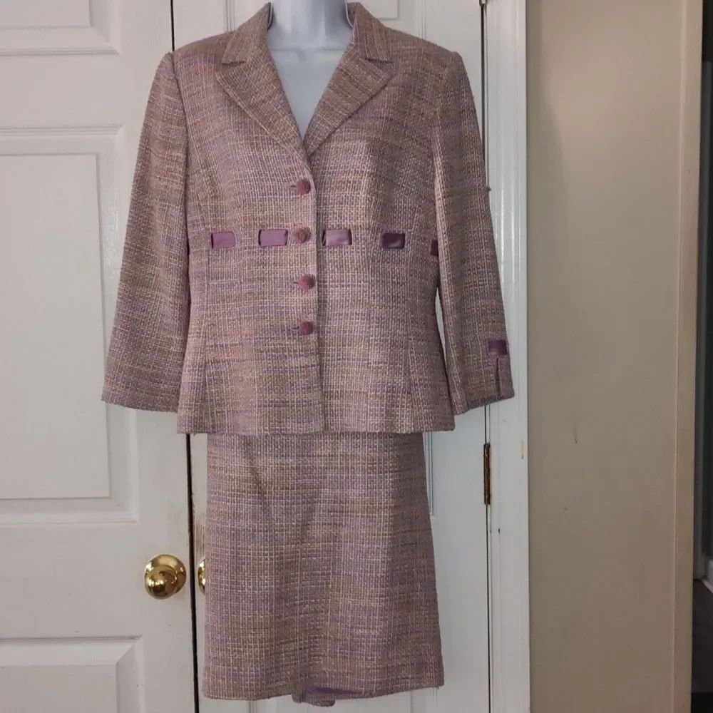 Maggy London vintage tweed purple pink silk blend Easter Blazer Skirt Set Sz 12